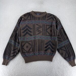 Vintage Barnaby Aztec Knit Leather Trim‎ Pullover 90s Sweater Mens L Geometric